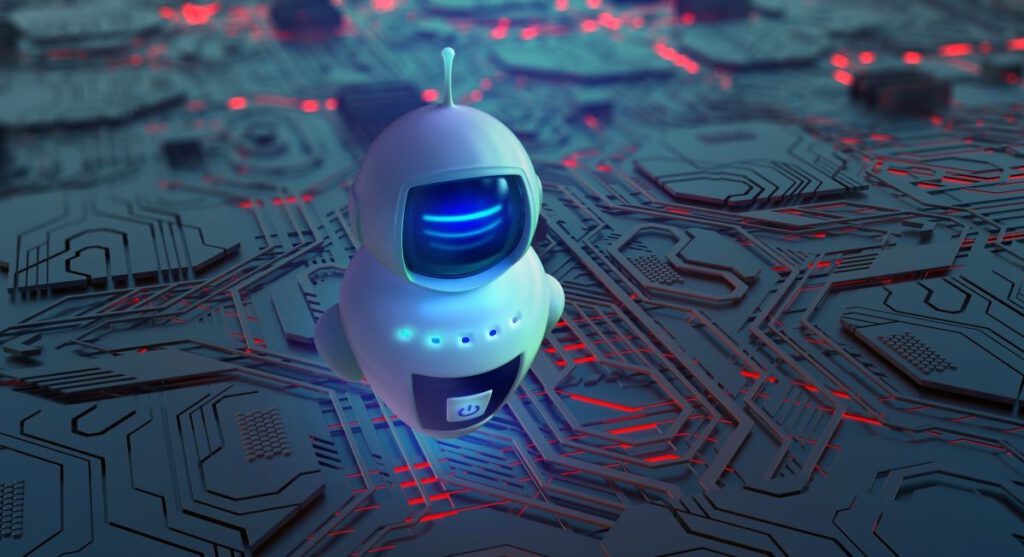 A small,cute robot on a futuristic circuit board background with glowing blue and red lights.