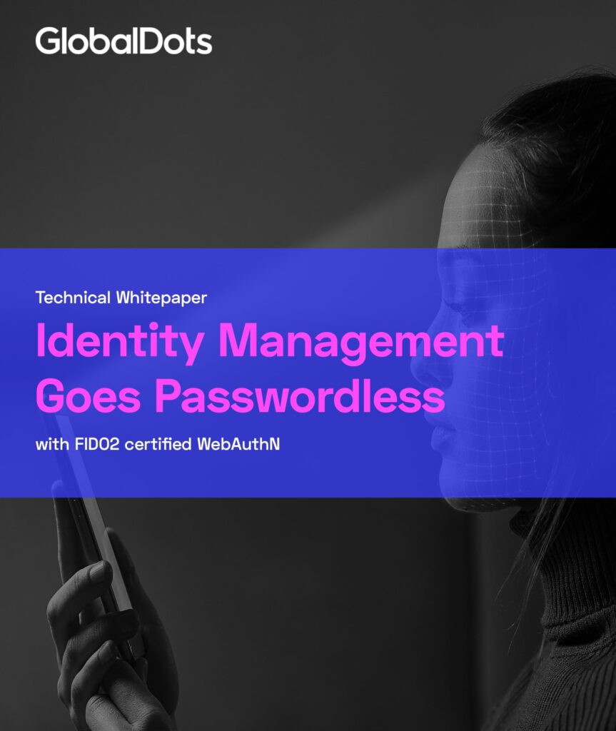 Technical whitepaper cover on passwordless identity management with a visual of a person interacting with a device.