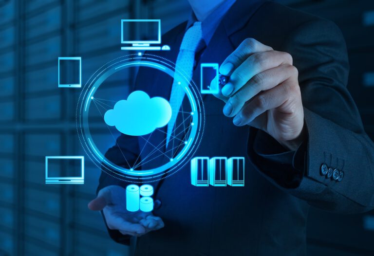 Businessman interacting with cloud computing and digital interfaces.