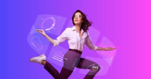 A woman in sunglasses energetically jumping with data visuals and cloud icons in the background,featuring AWS branding.