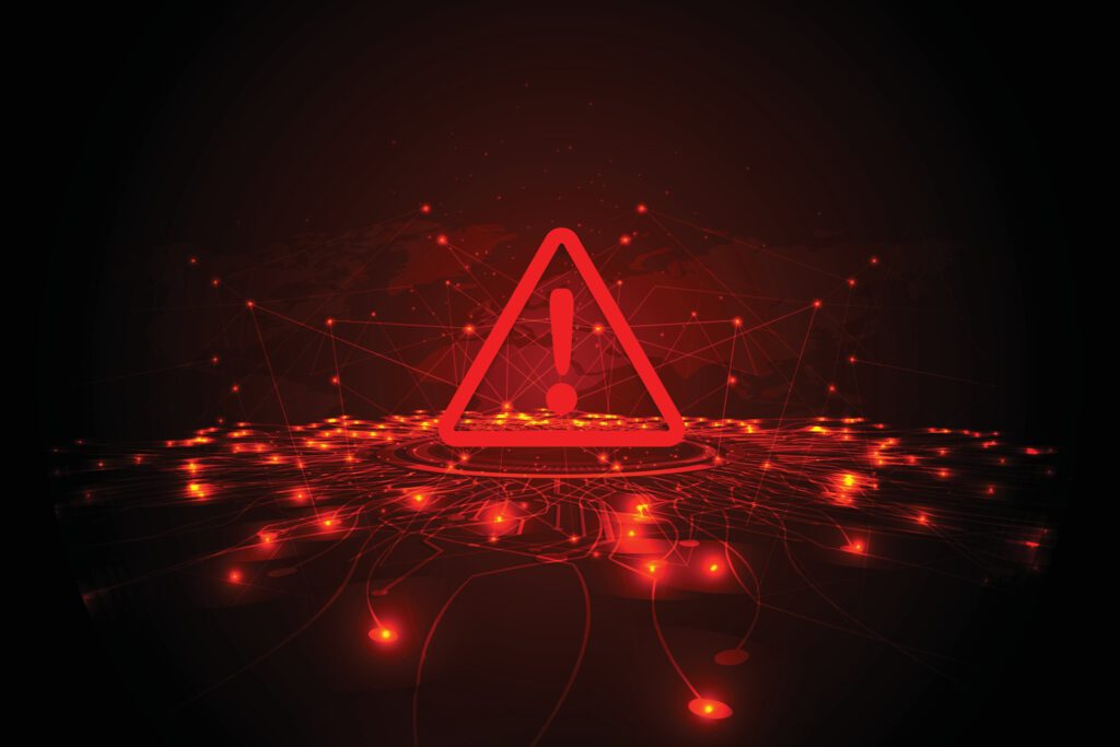 Red warning sign on a dark network background with glowing connections.