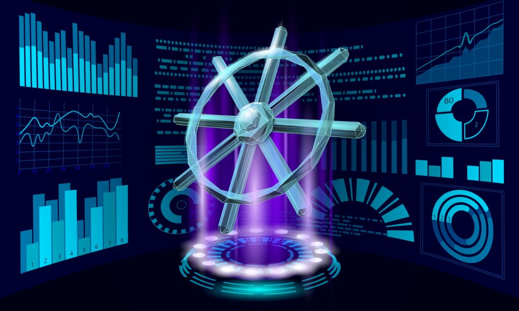 A digital representation of a ship's wheel with data visuals in the background.