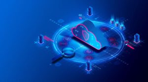 A digital illustration of cloud security with icons and a magnifying glass.