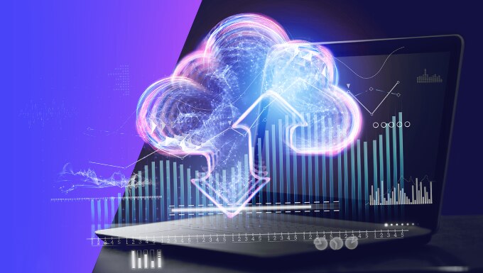 A graphic representation of cloud upload and download features over a laptop with visual data analytics.