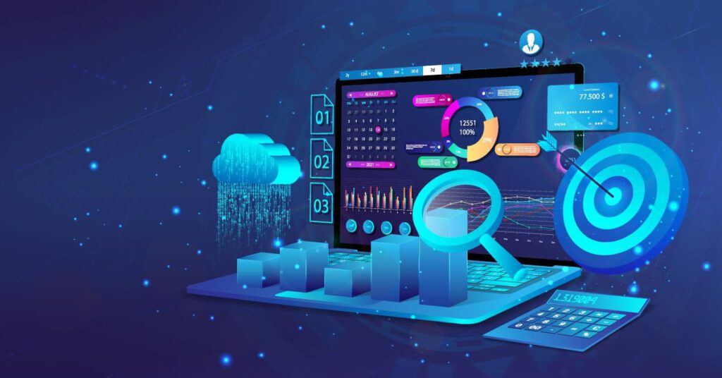 A digital data analytics dashboard with graphs, charts, and statistics.