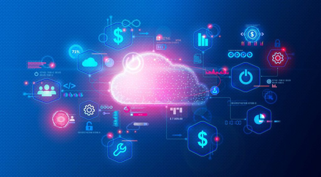 Abstract graphic of a cloud with various technology icons and data elements.