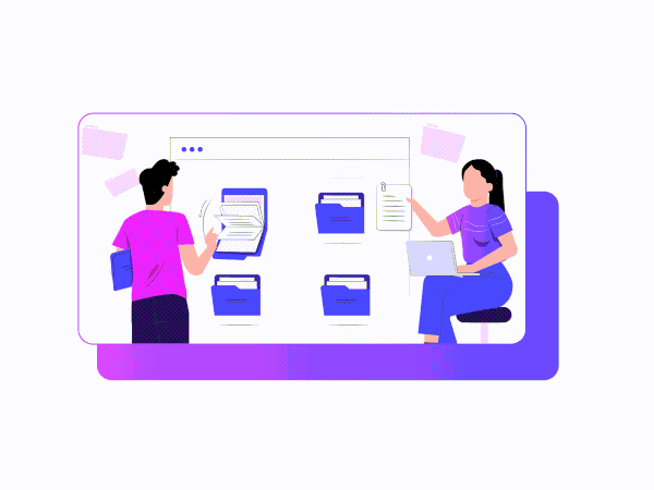 An illustration depicting two individuals organizing files on a digital interface,showcasing folders and documents.