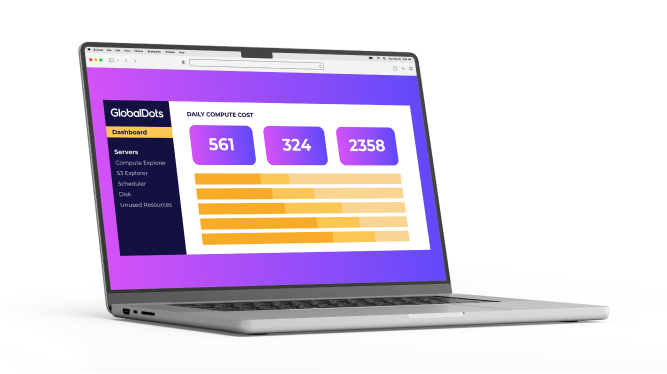 A laptop displaying the GlobalDots dashboard with daily compute cost metrics.