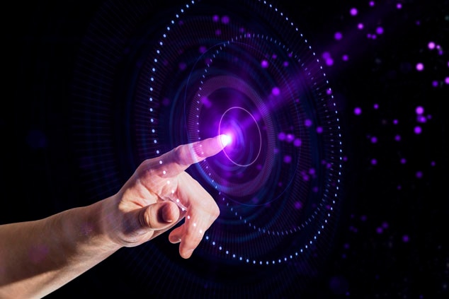 A hand reaching out towards a glowing purple light surrounded by a circular pattern of dots and waves.