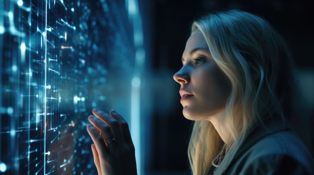 A profile view of a woman interacting with a glowing,holographic display boasting intricate digital patterns.