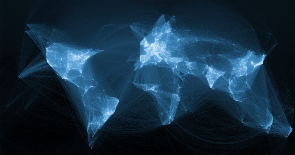 An abstract representation of a world map with glowing blue lines and connections on a dark background.