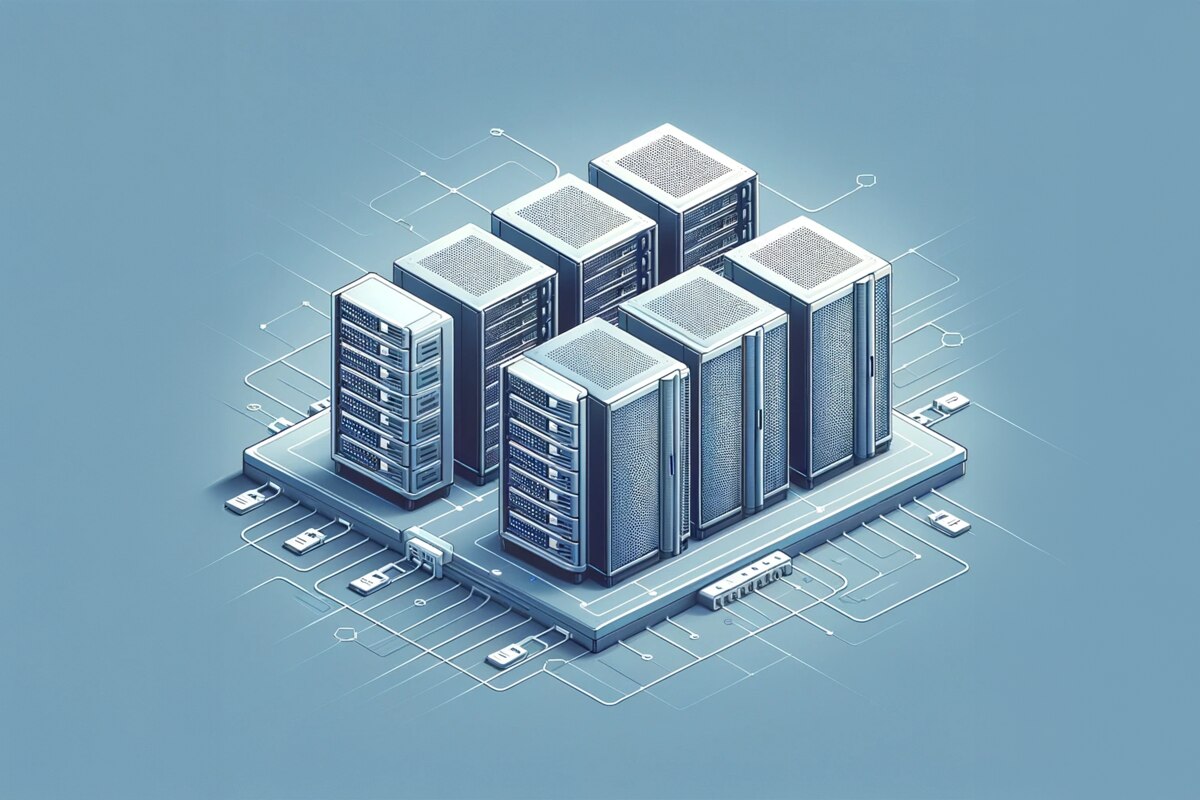 An illustration of a modern data center with multiple server racks on a digital grid background.