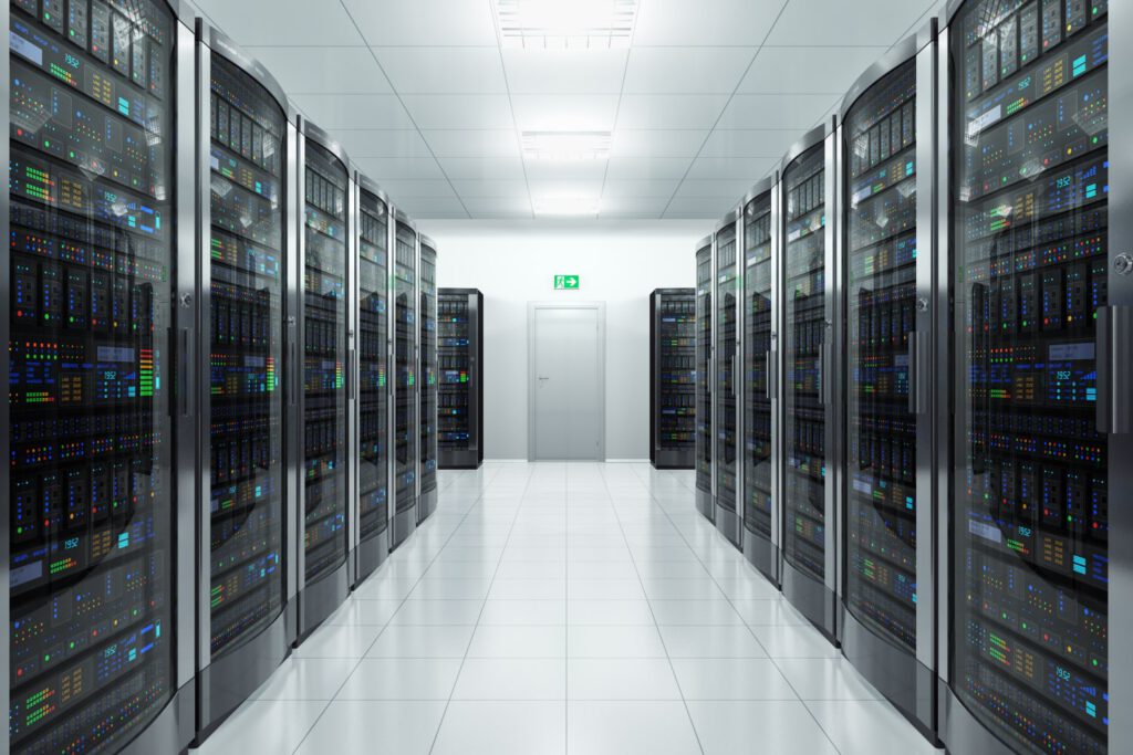 A modern data center with rows of servers in a clean