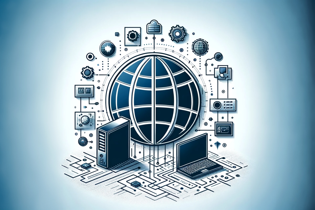 Illustration of a global network with computers and cloud icons.