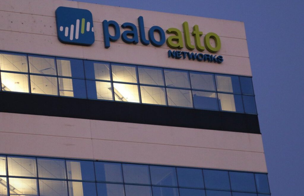 Exterior view of the Palo Alto Networks building at dusk.