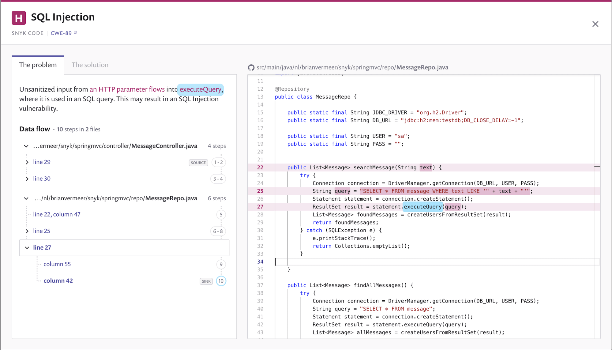 Screenshot highlighting a SQL injection vulnerability in Java code,showing the data flow and problematic line of code.