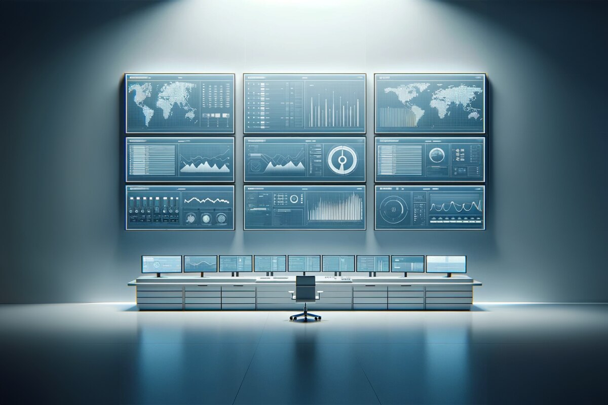 A modern control room featuring multiple large screens displaying various data visualizations and analytics.