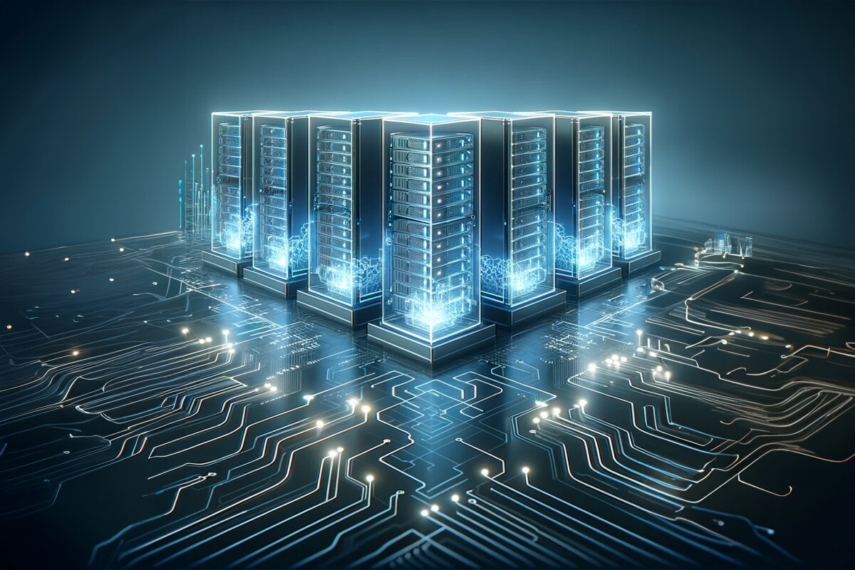 A modern data center with illuminated server racks set against a dark background featuring digital circuit patterns.