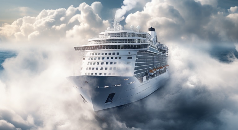 A large cruise ship emerging from thick clouds over the ocean.