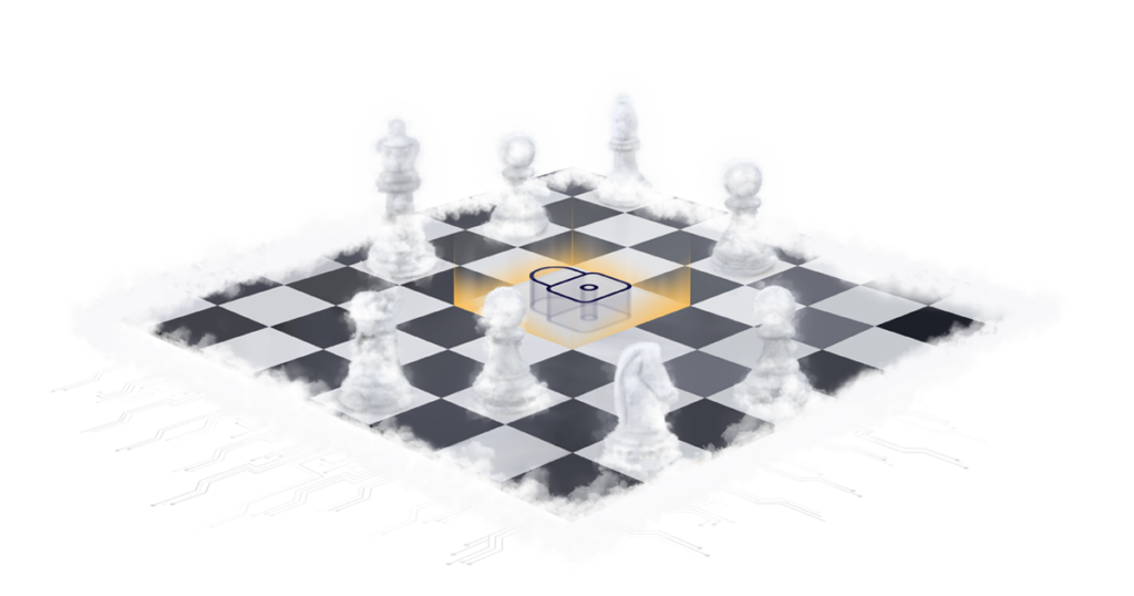 An artistic representation of a chessboard with transparent chess pieces arranged around a highlighted central square.