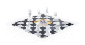 An artistic representation of a chessboard with transparent chess pieces arranged around a highlighted central square.