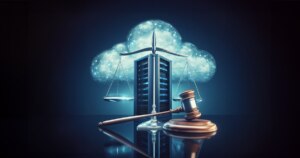 Symbolic image of justice scales, a gavel, and cloud computing.