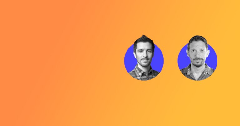 Two circular profile images on an orange gradient background.