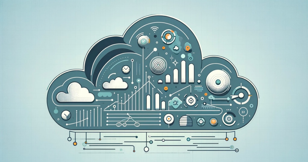 Stylized cloud illustration with data analytics elements and icons.