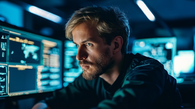 A programmer intensely focused on code at multiple computer screens.