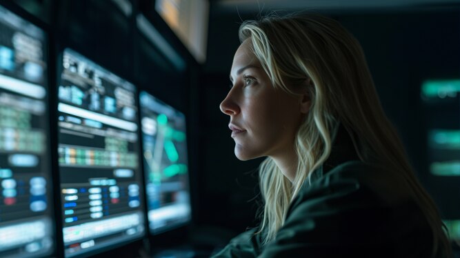 A focused woman looking at multiple computer screens displaying data and graphs,set in a dimly lit environment.