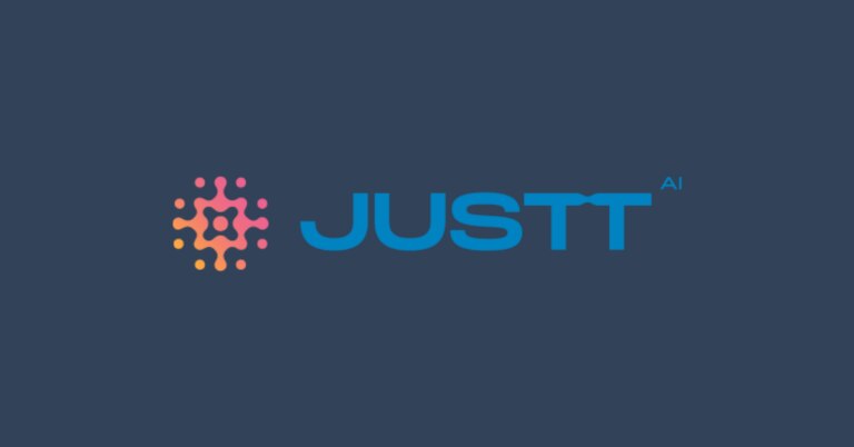 Logo of JUSTTT AI featuring colorful dot design and blue text.