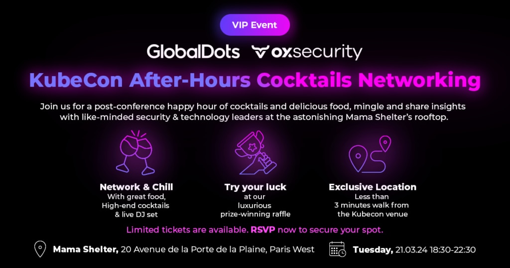 Promotional graphic for KubeCon After-Hours Cocktails Networking event.