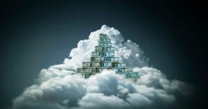 A pyramid made of stacked dollar bills rises above fluffy clouds against a dark background.