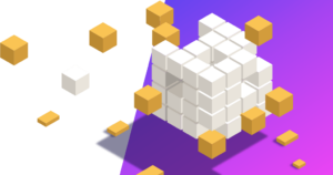 A 3D illustration of a cube composed of white blocks with yellow cubes around it.