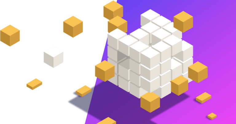 A 3D illustration of a cube composed of white blocks with yellow cubes around it.