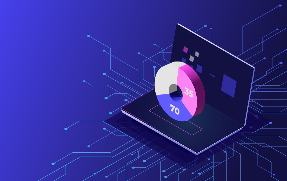 An illustration of a laptop displaying a pie chart and circuit patterns.