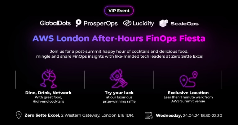 Invitation to the AWS London After-Hours FinOps Fiesta event including details about food,drinks,networking,and raffle.