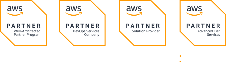 AWS partner badges including Well-Architected, DevOps, Solution Provider, Advanced Tier.