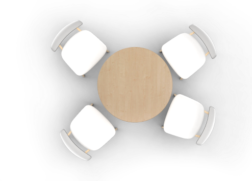 An overhead view of a round wooden table surrounded by four white chairs.