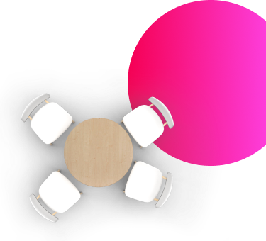 A round table surrounded by four white chairs and a pink graphic element.