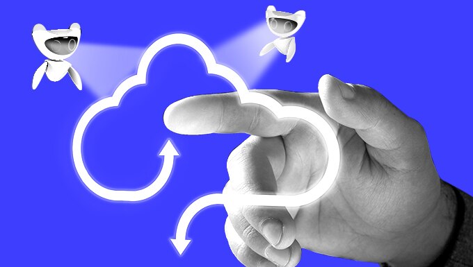 A hand pointing towards a cloud graphic with arrows,set against a blue background,alongside two animated characters floating.