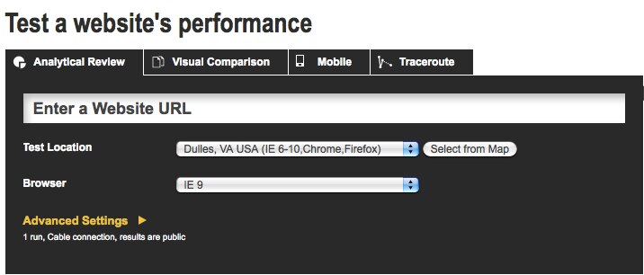 Interface for testing website performance with URL and browser options.