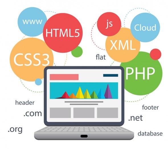 Illustration of web development terms with a laptop and various technology bubbles.