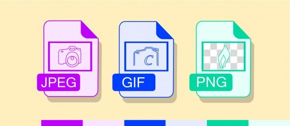 Illustration of three common image file formats: JPEG,GIF,and PNG,shown as stylized icons on a colored background.