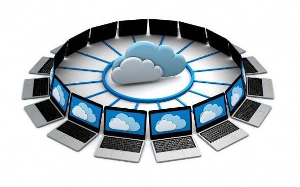 Illustration of a cloud computing network with multiple laptops connected to a central cloud symbol.