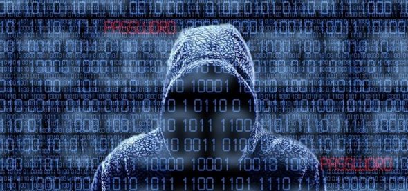 A hooded figure with a dark face,set against a backdrop of binary code in blue,suggesting themes of hacking or cybersecurity.