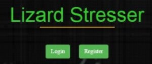 Login and register options for a service named 'Lizard Stresser'.