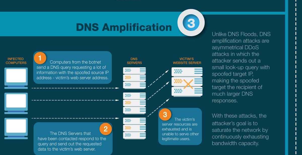 Infographic explaining DNS amplification attacks and their mechanism.