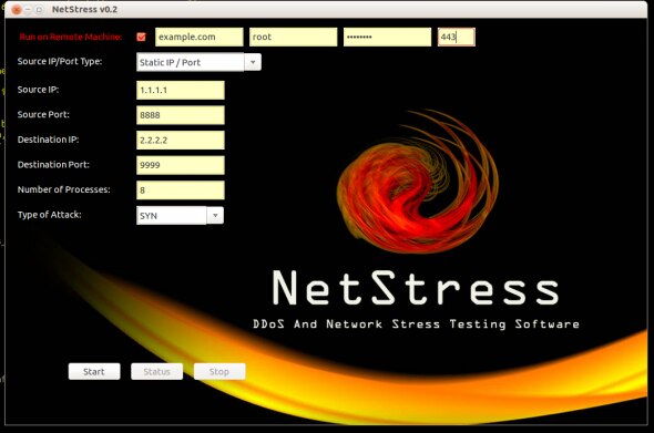 Screenshot of NetStress v0.2,a DDoS and network stress testing software interface showing various input fields.