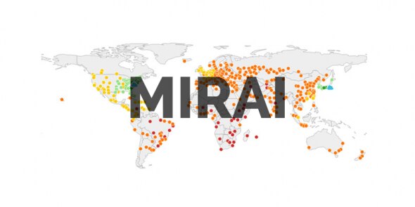 World map with diverse colored dots representing data points,overlaid with the text 'MIRAI' in bold.